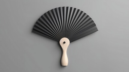 A black and white image of a traditional Japanese hand fan. The fan is made of paper and has a wooden handle.