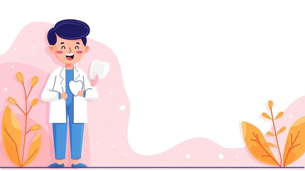 Obraz premium Smiling cartoon dentist holding a tooth, perfect for dental care illustration.