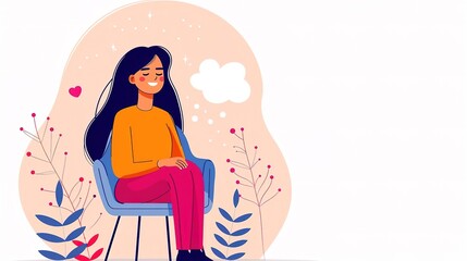 Obraz premium Smiling woman sitting in a chair, daydreaming with a thought bubble above her head.