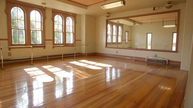 A large, empty dance studio with a wooden floor and large windows. The studio is lit by natural light and has a mirror on one wall.