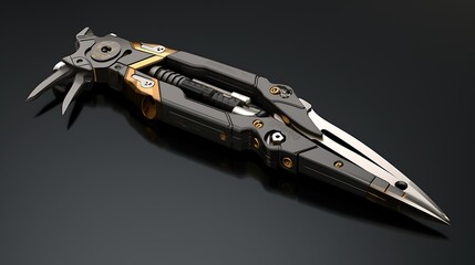 Futuristic multifunctional pocket knife with a sleek design. The knife is made of metal and has a black and gold color scheme.