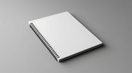 A spiral notebook with a blank cover. It is placed on a solid gray background. The notebook is in focus and the background is blurred.