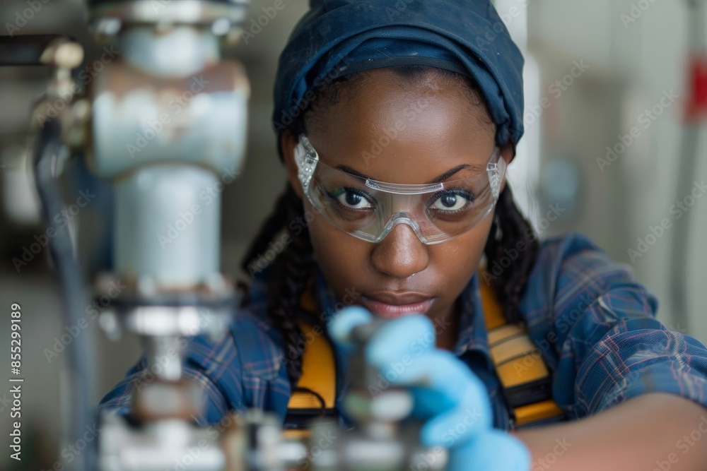 Poster young woman engineer working on a large machine in a factory