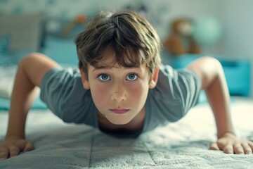 Determined child doing push-ups on bed in bedroom