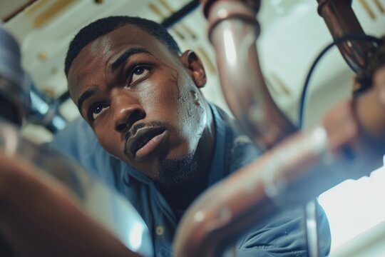 Young plumber repairing pipes under the sink