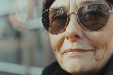 Senior woman wearing sunglasses smiling in the city