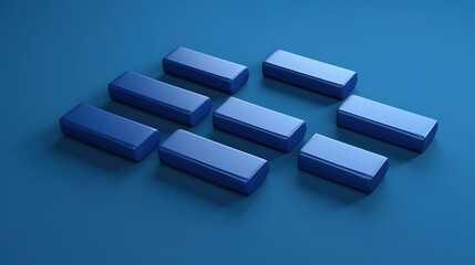 3D rendering of a simple geometric shape. The image is a blue background with seven blue rectangular prisms arranged in a concave upward arc.