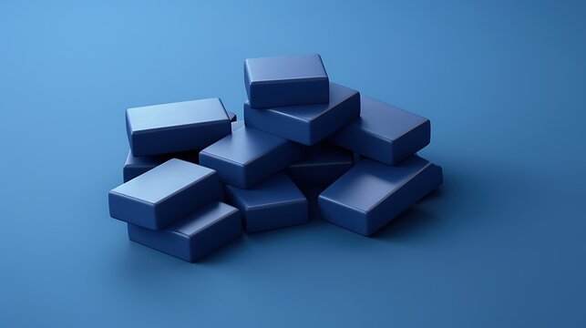 Abstract 3D rendering of a stack of blue rectangular blocks. The blocks are of different sizes and are stacked in a haphazard manner.