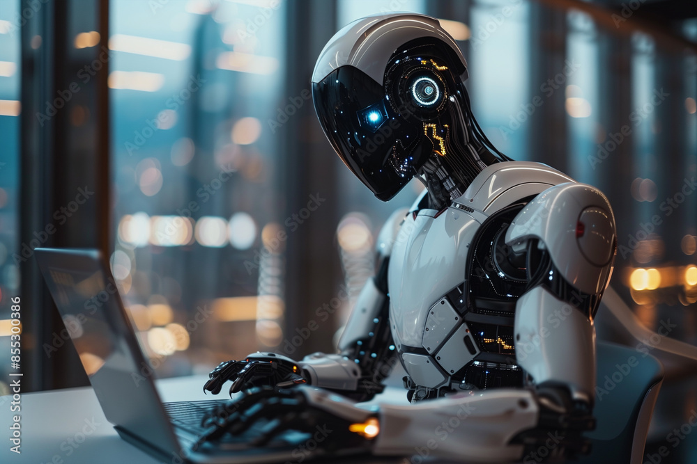 Poster android businessman using chatbot on laptop in modern office
