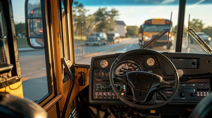 School Bus Dashboard Close-Up Showing Controls and Safety Features for Driver Functionality