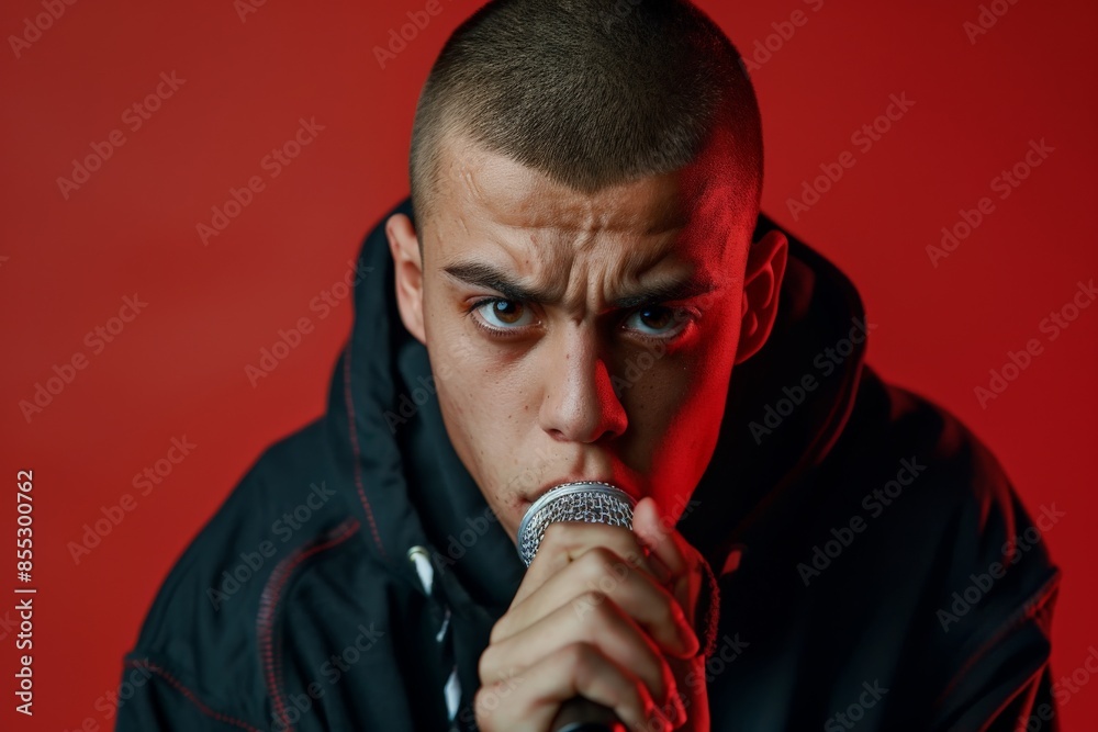 Poster young rapper singing with microphone in front of red background