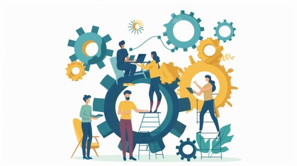 An illustration featuring a team of four people working together, each on a different gear, showcasing the concept of teamwork and collaboration.
