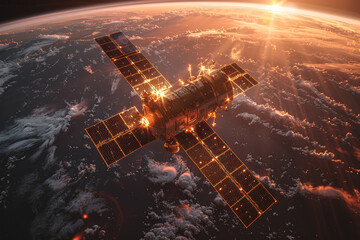 Obraz premium A satellite orbiting a distant planet, symbolizing communication. Concept of technology and connectivity. Generative Ai.