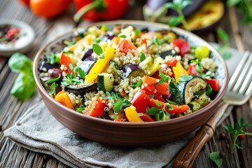Vibrant Quinoa and Roasted Vegetable Salad with Lemon Herb Dressing on Rustic Table
