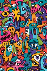 Colorful Abstract Doodle Pattern With Brightly Colored Monsters