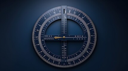 This is a close-up image of a blue and gold protractor. The protractor has a circular scale withãƒ¡ãƒ¢ãƒªes in degrees and radians.