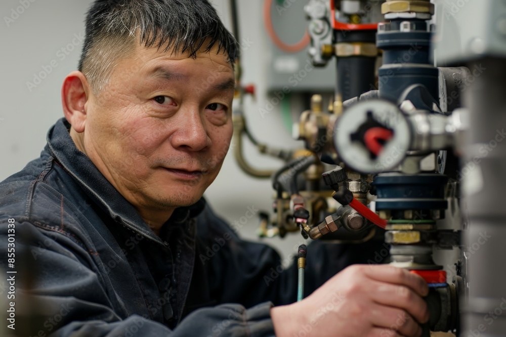 Poster experienced technician working on industrial machine in factory