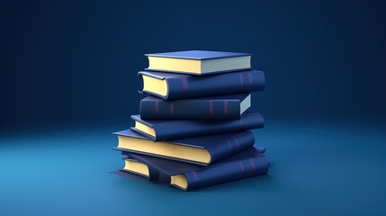Fototapeta premium A stack of seven dark blue books with gold pages on a blue background. The books are all closed and stacked vertically.