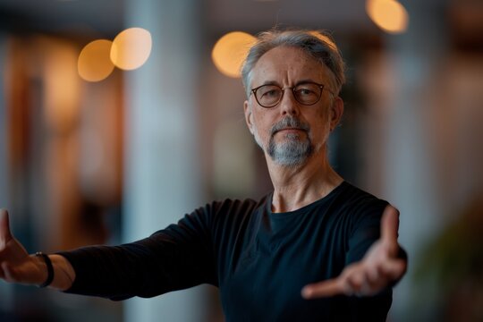 Senior male ballet dancer performing with outstretched arms