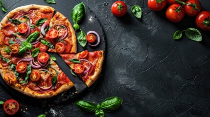 Pizza Marinara with tomatoes basil and onion on black concrete background viewed from above
