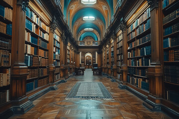 Fototapeta premium A serene library filled with rows of books, representing knowledge and peace. Concept of education and quiet reflection. Generative Ai.