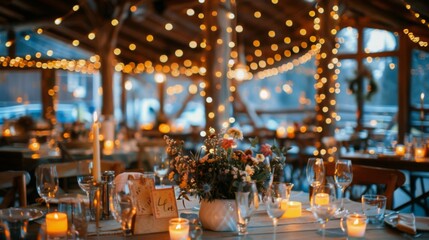 Fototapeta premium A beautifully decorated wedding reception table with candles, string lights, and a centerpiece of flowers.