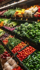 Colorful Fresh Produce Display in Supermarket: Fruits and Vegetables Neatly Organized