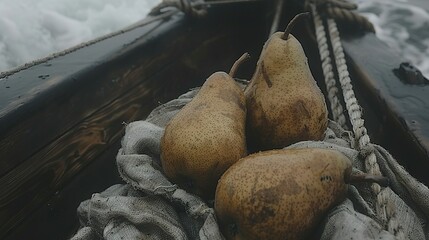 Obraz premium A cluster of pears atop a fabric on a ship amidst a waterway with ripples in the distance