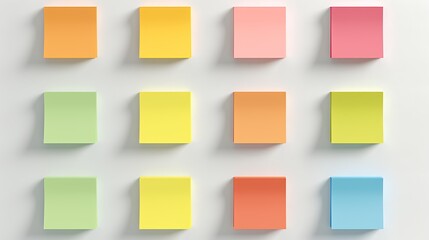 Fototapeta premium Colorful sticky notes of various colors arranged in a grid pattern on a white background.