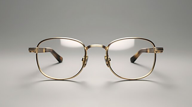 Gold metal frame glasses with brown temple tips on a solid gray background.