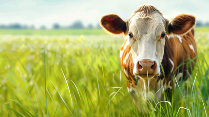 See the tranquil beauty of a dairy cow with its head lowered to graze, surrounded by the lush green grass of an expansive meadow under a clear sky.