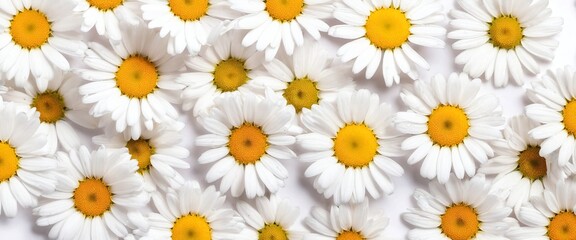 Chamomile flowers collection on white. Set of colorful Chamomile or Daisy flowers background, top view. Floral pattern.