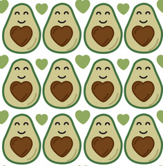 Seamless cartoon pattern with lovely avocados and hearts. Colorful cute vector background in flat style	