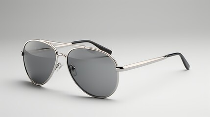 A pair of aviator sunglasses with a silver frame and gray lenses. The sunglasses are resting on a white table. The background is a soft gray. - Powered by Adobe