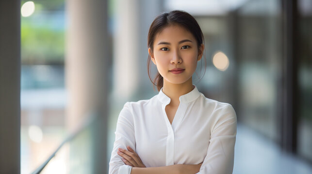 Observe the authoritative presence of a young Asian businesswoman in a crisp white shirt and pencil skirt, her confident demeanor highlighting her role as a successful leader in th