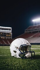 A football helmet on the grass of an empty stadium, anticipating the upcoming match