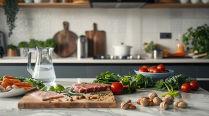 Fototapeta premium Modern Kitchen Countertop with DASH Diet Ingredients for Healthy Cooking