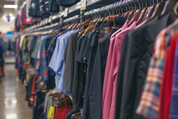 Obraz premium Neatly Hung School Uniforms for Back to School Shopping, Ideal for Print, Card, or Poster Design
