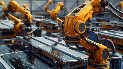 Fototapeta premium A sequence of robotic arms working together to assemble and test solar panels, ensuring each one is ready for efficient energy generation
