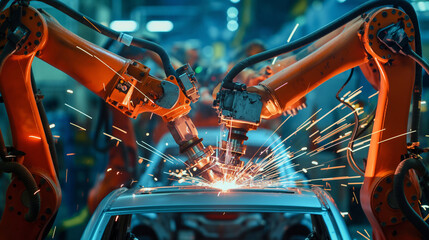 Fototapeta premium Close-up of robotic welders meticulously joining car panels on an advanced assembly line, highlighting the precision of automated manufacturing