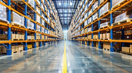 A spacious warehouse interior with rows of orange and blue shelves, filled with boxes and crates. The perspective of the image creates a sense of depth, 