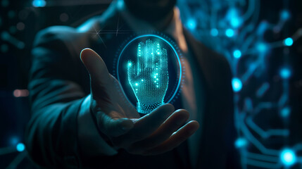 Businessman holding an illuminated identity verification symbol, with background elements of biometric security technology and personal financial data