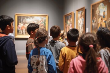 Students on an Educational Field Trip to an Art Museum Discussing Famous Paintings and Sculptures