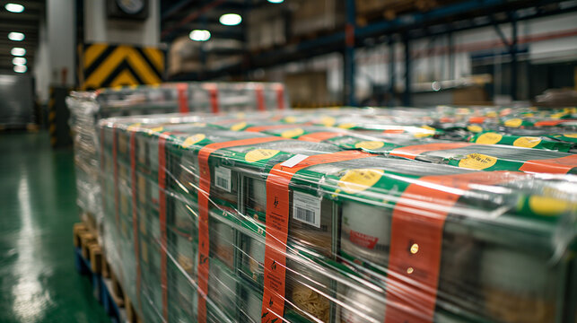 A detailed view of shrink-wrapped food packages on a pallet, ready for distribution in a bustling warehouse setting