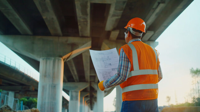 A focused civil engineer holding a project plan, safety helmet securely on, standing on the completed sections of a bridge, ensuring all details are correct
