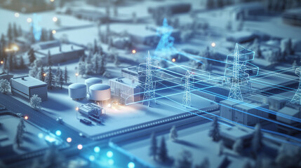 A dynamic 3D model of a smart grid system, demonstrating how energy is distributed efficiently from renewable sources to urban areas