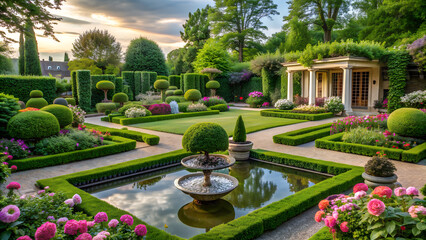 Fototapeta na wymiar Luxury manicured green garden. Stone path, flower beds, shrubs and trees. Generative Ai.