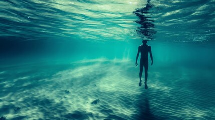 Person floating peacefully underwater ocean clear turquoise water sandy seabed