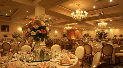 A large ballroom is decorated for a dinner reception with round tables, white linens, and ornate chairs. The room is illuminated by warm lights and chandeliers.