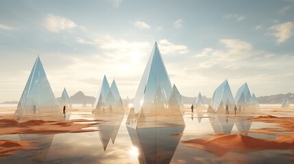 The image is a surreal landscape with a large number of glass pyramids in the middle of a desert.